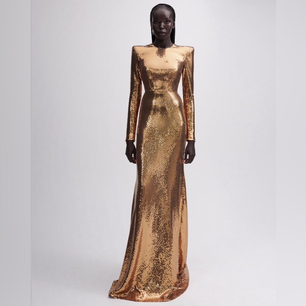 Alex Perry Sequined Strong Shoulder Long Sleeve Gown